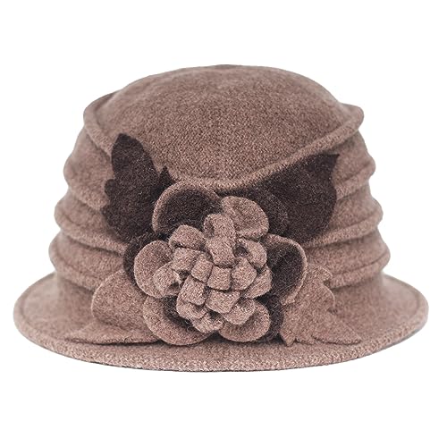 Women 1920s 100% Wool Vintage Cloche Bucket Winter Hat with Bow Knot and Flower - color: Flower-brown