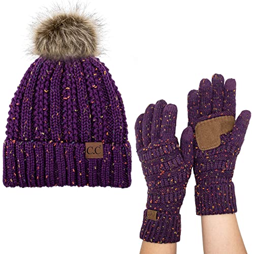 C.C Pom Cable Knit Beanie and Glove Set - color: Confetti Purple