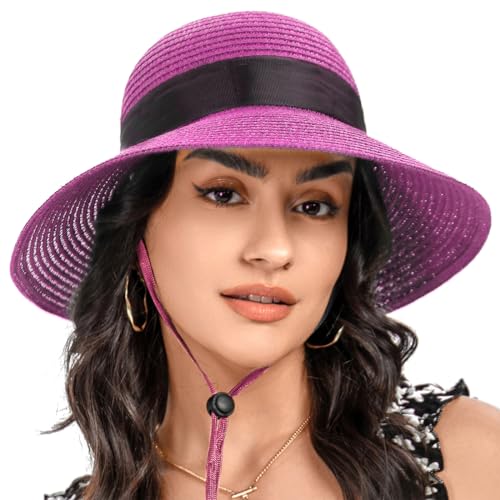 Sun Straw Hat for Women with Wind Lanyard Wide Brim Foldable Beach Summer Hats Womens UV 50+ Protection Bowknot Cap - color: Rose Pink