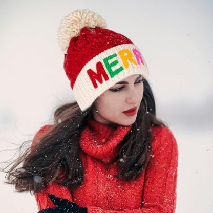Christmas Merry Beanie for Women Winter Crochet Hat Chunky Cable Knit Pompom Santa Hat - color: Red-merry