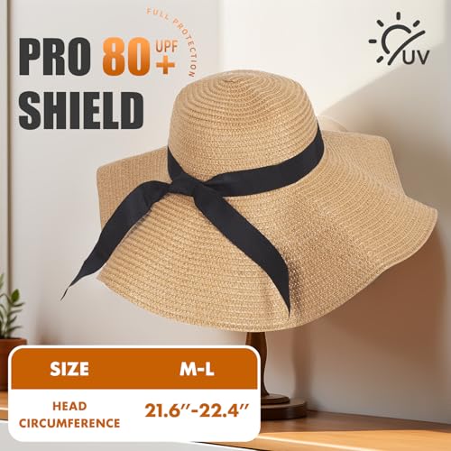 Barelove Sun Straw Hat Wide Brim Shape Hat with UPF 80+, Packable Foldable Floppy Summer Beach Hat for Women Men - color: Khaki-wide