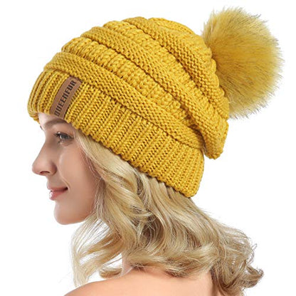 Women Knit Slouchy Beanie Chunky Baggy Hat with Faux Fur Pompom Winter Soft Warm Ski Cap - color: C7-ginger