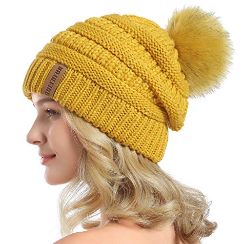 Women Knit Slouchy Beanie Chunky Baggy Hat with Faux Fur Pompom Winter Soft Warm Ski Cap - color: C7-ginger