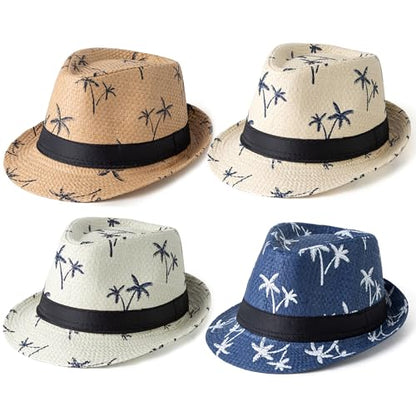 4 Pack Short Brim Straw Fedora Summer Beach Sun Hat Men - color: 4 Pcs Set C