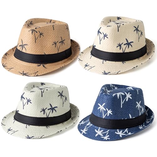 4 Pack Short Brim Straw Fedora Summer Beach Sun Hat Men - color: 4 Pcs Set C