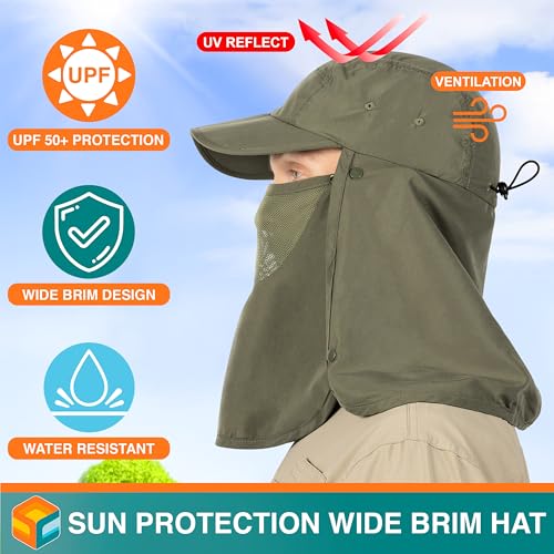SUN CUBE Fishing Sun Hat with Neck Flap & Face Cover, Wide Brim UPF50+ Cap - color: Olive