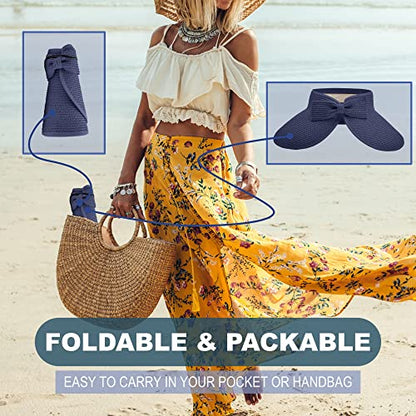 Straw Sun Visor for Women, Wide Brim UPF 50+ Protection Beach Hat, Adjustable, Roll Up Foldable Ponytail Cap with Chin Strap - color: Navy