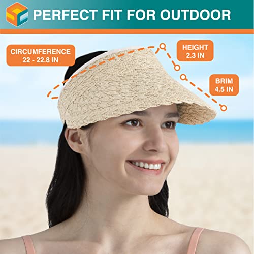 SUN CUBE Women Sun Visor Hat, Straw Beach Hat Wide Brim UV Protection, Foldable Packable Cap, Roll Up Ponytail Summer Visor - color: Beige