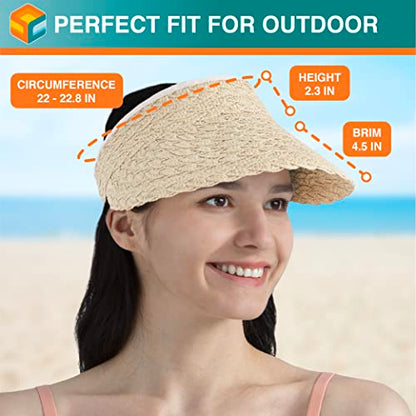 SUN CUBE Women Sun Visor Hat, Straw Beach Hat Wide Brim UV Protection, Foldable Packable Cap, Roll Up Ponytail Summer Visor - color: Beige