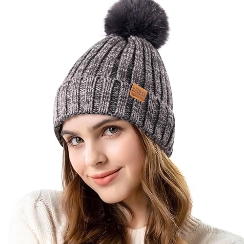 REDESS Womens Winter Knitted Beanie Hat Warm Fleece Lined with Pompom Cap Thick Slouchy Snow Knit Skull Ski Cap - color: Dark&light Grey