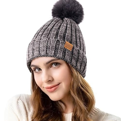REDESS Womens Winter Knitted Beanie Hat Warm Fleece Lined with Pompom Cap Thick Slouchy Snow Knit Skull Ski Cap - color: Dark&light Grey