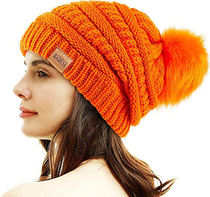 REDESS Women Winter Pom Pom Beanie Hat with Warm Fleece Lined - color: Orange