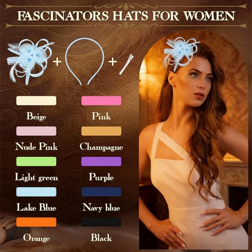 AMCAMI Fascinators Hats with Feather for Women 2026 Derby Hats Small Tea Party Hat with Headband - color: Blue