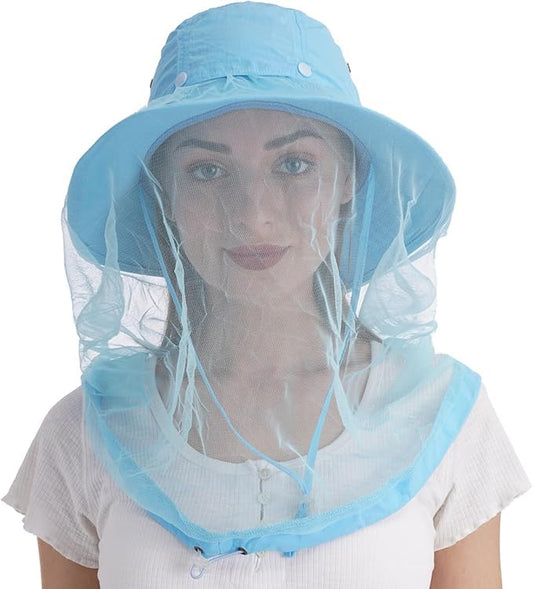 USHAKE Head Net Hat, Safari Hat Sun Hat Bucket Hat with Hidden Net Mesh - color: Light Blue