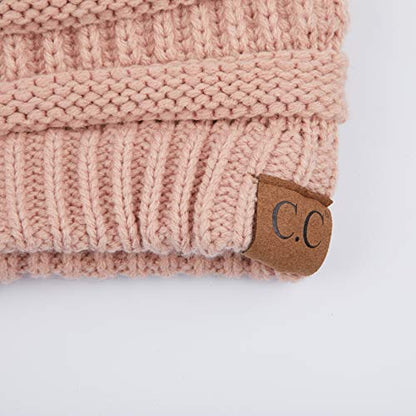 C.C Fur Pom Winter Fall Trendy Chunky Stretchy Cable Knit Beanie Hat - color: Solid Indi Pink