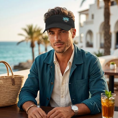 Embroidered Adjustable Sun Visor for Women Men Outdoor Golf Tennis - color: Palm Tree/Black