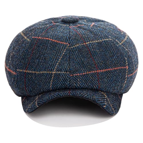 Men's Wool Newsboy Cap 8-Panel Tweed Taxi Hat Herringbone Gatsby Flat Hats - color: C-navy Blue