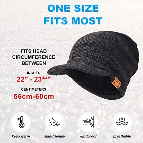 Ruphedy Mens Beanie with Brim Winter Hat Knitted Thick Fleece Visor Beanie - color: B319-grey
