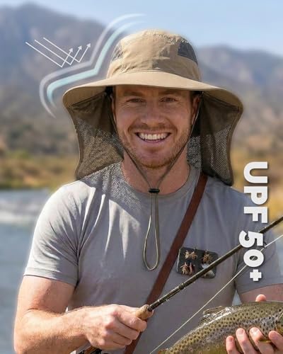Hat Hut Ultra-Light Sun Hat with Neckflap, UPF 50+, Wide Brim, Breathable Outdoor Hiking Fishing Hats for Men - color: Khaki