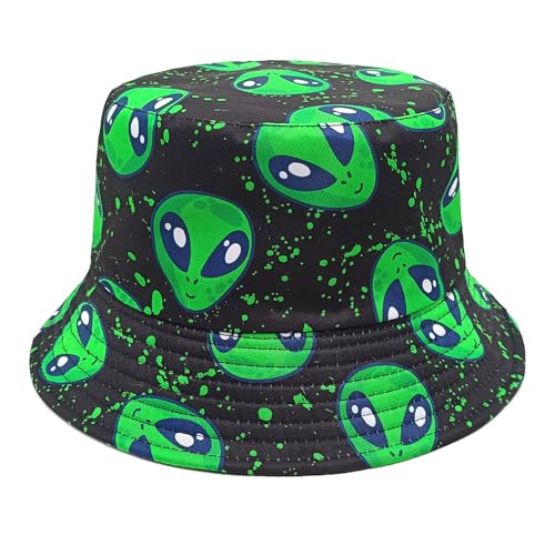 Quanhaigou Reversible Printed Bucket Hat,Summer Beach Outdoor Cap - color: Neon Green Alien