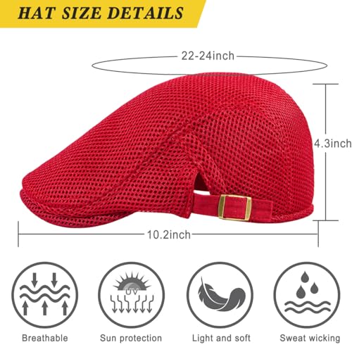 Xinveen Men's Mesh Cap Breathable Summer Newsboy Hat Adjustable Beret Ivy Cap Irish Cabbie Driving Hunting Hats - color: Red