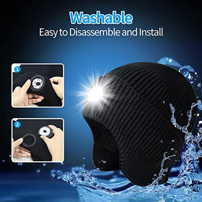 Mens Gifts Beanie Hat with Light, USB Rechargeable LED Headlamp Hat, Unisex Winter Hats Warm Knitted Earflap Beanie Stocking Stuffers for Women Men (Black) - color: Black Adult