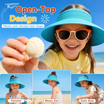ZOORON Girls Straw Sun Visor Hat, Wide Brim Ponytail Beach Hat with Bow - color: Seablue