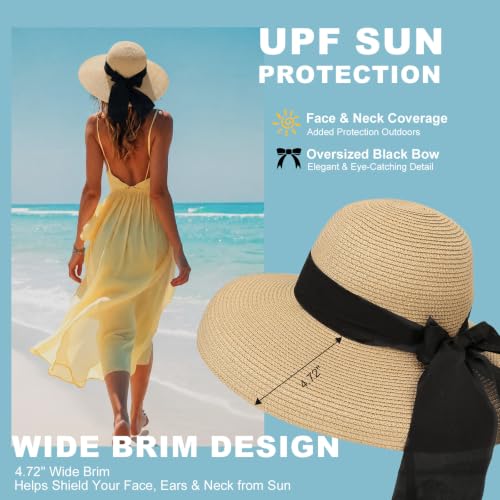 Surblue Women's Beach Straw Hat, Wide Brim Sun Hat with Black Bow - color: Khaki