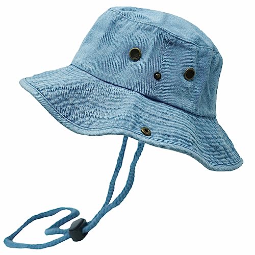 Glory Max Washed Cotton Bucket Hat with Chin Strap Fishing Sun Safari Boonie Cap - color: Denim Blue, size: Small-Medium