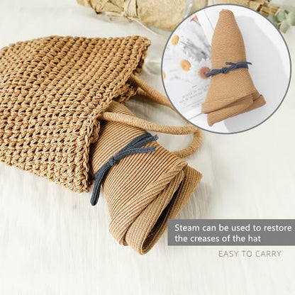 Women's Straw Bucket Sun Hat, Packable Floppy Wide Brim Beach Hat - color: Khaki B