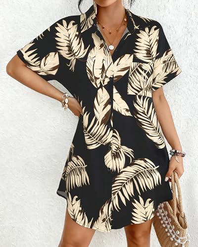 Bsubseach Women Swimsuit Coverup Shirt Dress Button Down Bathing Suit Cover Up Beach Vacation Outfits - color: Aa-leaf Print, size: X-Small
