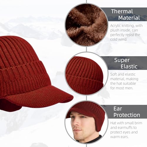 Men's Winter Hat with Brim, Warm Earflaps Hat for Men, Thick Fleece Lined Knit Winter Beanie Outdoor - color: Claret