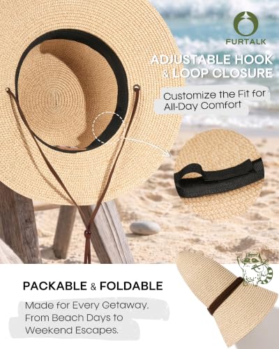 FURTALK Womens Wide Brim Sun Hat with Wind Lanyard UPF Summer Straw Sun Hats for Women - color: Ab-mixed Beige, size: Large-X-Large