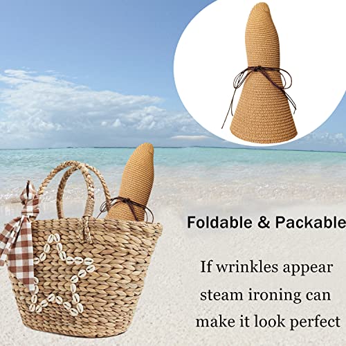 Floppy Big Beach Straw Hats for Women Foldable Summer Wide Brim Packable Sun Hat Womens Travel Straw Fedora Hat - color: Khaki-1