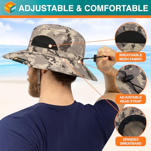 SUN CUBE Wide Brim Sun Hat for Men & Women, UPF 50+ UV Protection, Mesh Boonie Hat with Chin Strap, Fishing Hiking Hat - color: Camo Grey