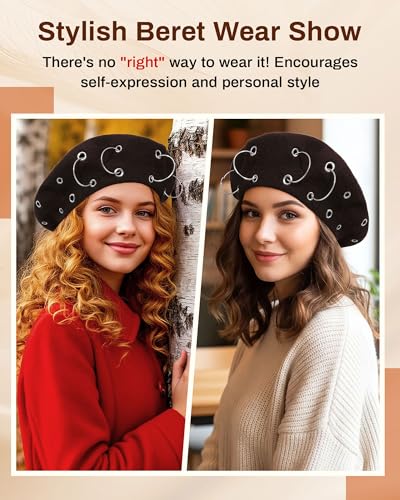 AWAYTR Punk Beret Hat for Women - 90% Wool Blend Goth Alt French Cap - color: Coffee