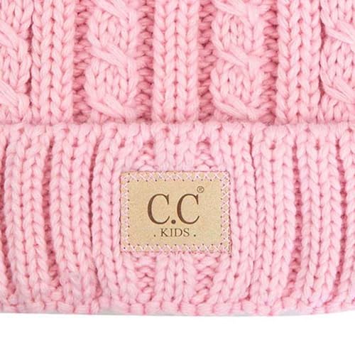 C.C Kids' Suede Patch Snuggly Soft Warm Knit Pom Cuff Beanie - color: Cable Knit Faux Fur, Pale Pink