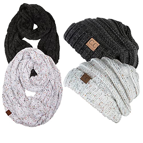 Funky Junque Slouchy Beanie & Infinity Scarf Gift Set – Matching Winter Accessories Sets for Women, Oversized Hat and Scarves - color: 2 Pack:confetti Ivory & Onyx Black