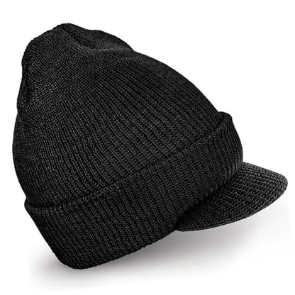 Genuine G.I. Winter Beanie Cap with Visor, 100% Knitted Wool, Double-Layer Winter Hat, Made in USA - color: Black
