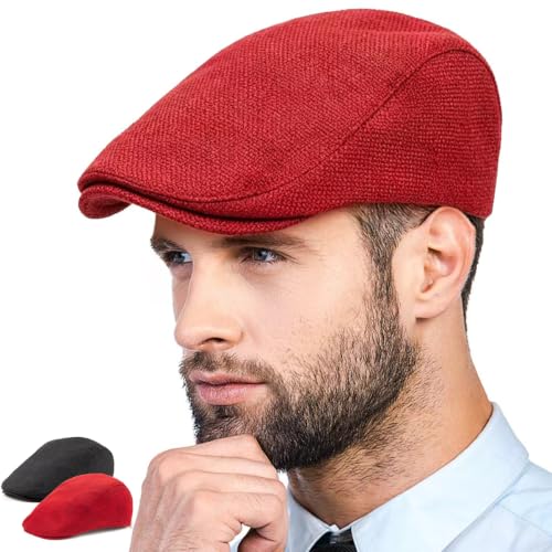 LADYBRO 2-Pack Unisex Flat Cap Newsboy Hats for Men Women Casual Adjustable - color: Black+red