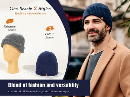 TOP-EX PolarWool Merino Wool Beanie with Soft Polartec Fleece Lining - color: Dark Blue, size: Medium-Large