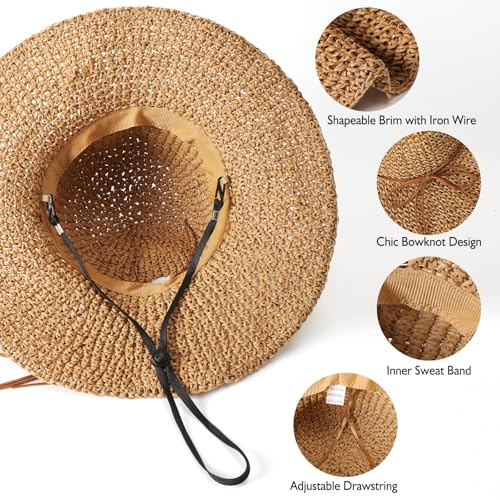 Beach Sun Straw Hats for Women Floppy Wide Brim UV Packable Summer - color: Khaki