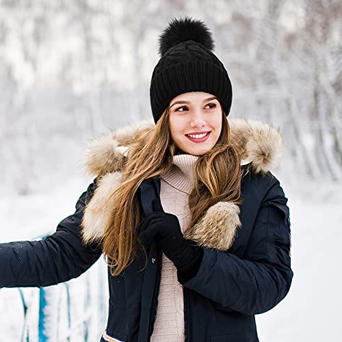 Livingston Women's Winter Soft Knit Beanie Hat with Faux Fur Pom Pom Warm Skull Cap Beanies for Women - color: Fleece Lined_black 1