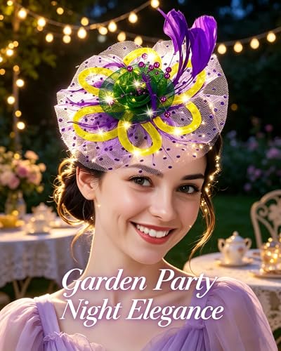 Women Fascinator Hats LED Light Up Headband for Tea Party Halloween Night Headwear Christmas Mardi Gras - color: Yellow Green Purple