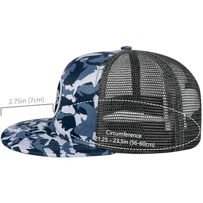 BASSDASH Flat Brim Trucker Cap Adjustable Snapback Hat Mesh Back for Men Women - color: Shark Camo