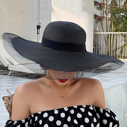Womens Mens Wide Brim Straw Panama Hat Beach Sun Hat Summer Wide Brim Straw Roll up Hat Fisherman's UPF 50 - color: +Beige
