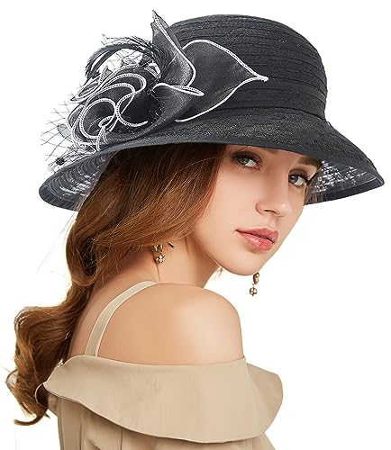 Women's Kentucky Derby Church Dress Hat Wide Brim Leaf Flower Bridal Shower Hat - color: R8 Black White Edge