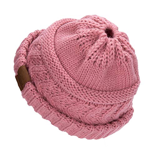 Rosoz 2 Pack Ponytail Beanie for Women,Winter Warm Beanie Tail Soft Stretch Cable Knit Messy High Bun Hat - color: 2pack-grey/Skin Pink