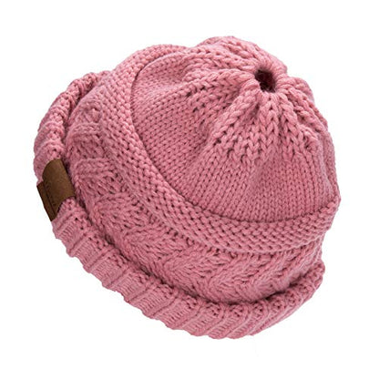 Rosoz 2 Pack Ponytail Beanie for Women,Winter Warm Beanie Tail Soft Stretch Cable Knit Messy High Bun Hat - color: 2pack-grey/Skin Pink