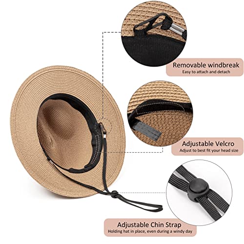 DRESHOW Women Straw Panama Hat Travel Fedora Beach Sun Hat Summer Wide Brim Straw Roll up Hat UPF 50+ - color: Z Panama Straw Hat: Khaki a